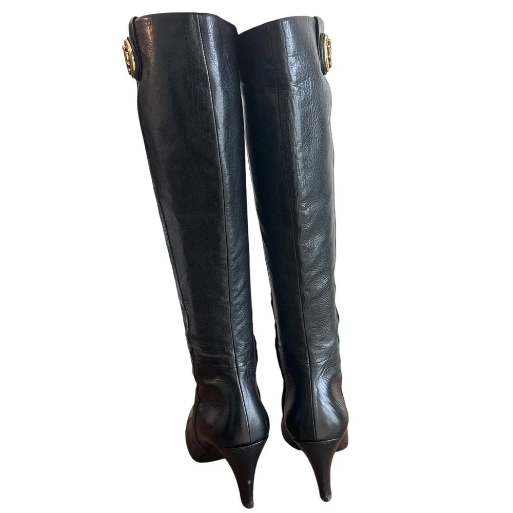 Vintage Gucci 202941 Black Leather Crest Medallion Knee High Boots 9B